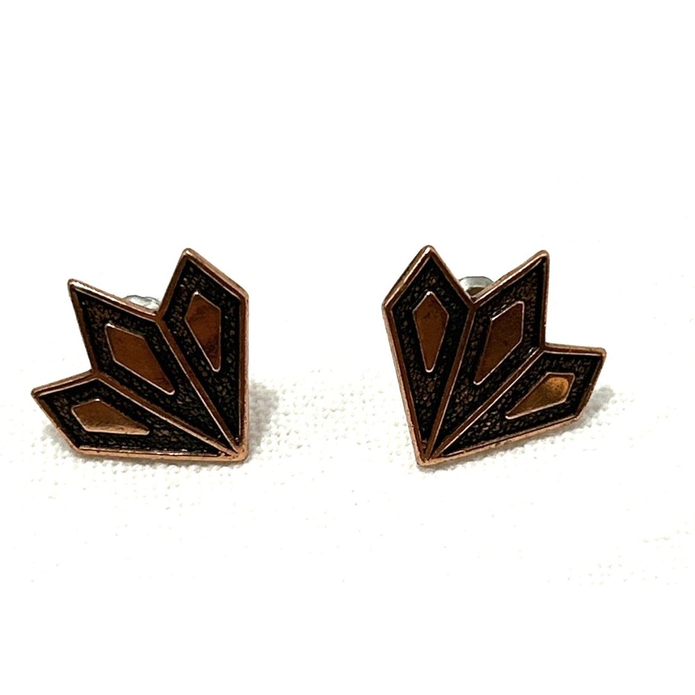 Vtg WM Wheeler Co Copper Fan Leaf-Shaped Stud Earrings Southwestern Boho Metal